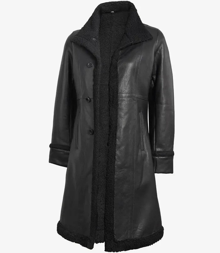 Women’s black shearling long coat with open front