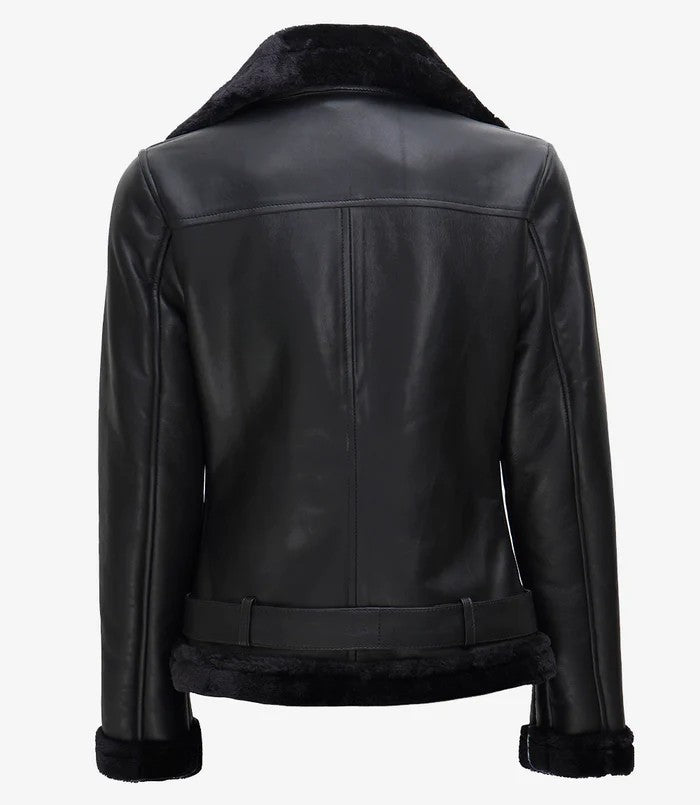 Women’s Warm Lined Black Shearling Leather Jacket