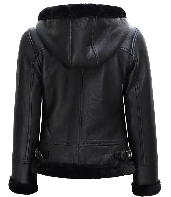 Women’s black shearling leather jacket with hood front view