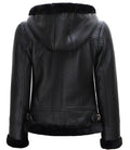 Back view of women’s black shearling jacket with hood
