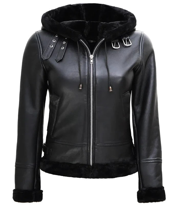 Women’s black shearling leather jacket with hood front view