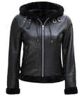 Women’s black shearling leather jacket with hood front view