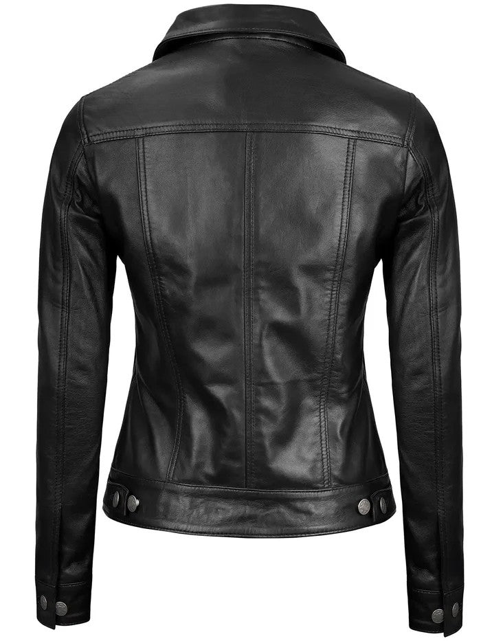 Women’s black trucker leather jacket front view – Livra Jackets