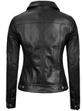 Women’s black trucker leather jacket back view
