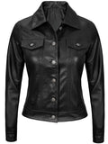 Women’s black leather trucker jacket with button-up closure
