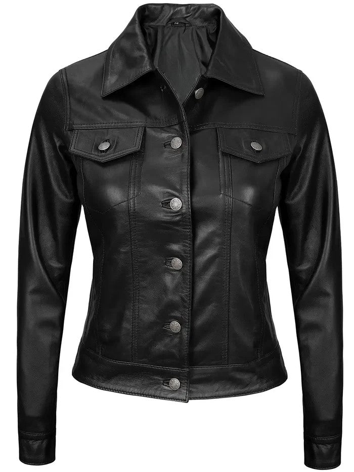Women’s black leather trucker jacket with button-up closure