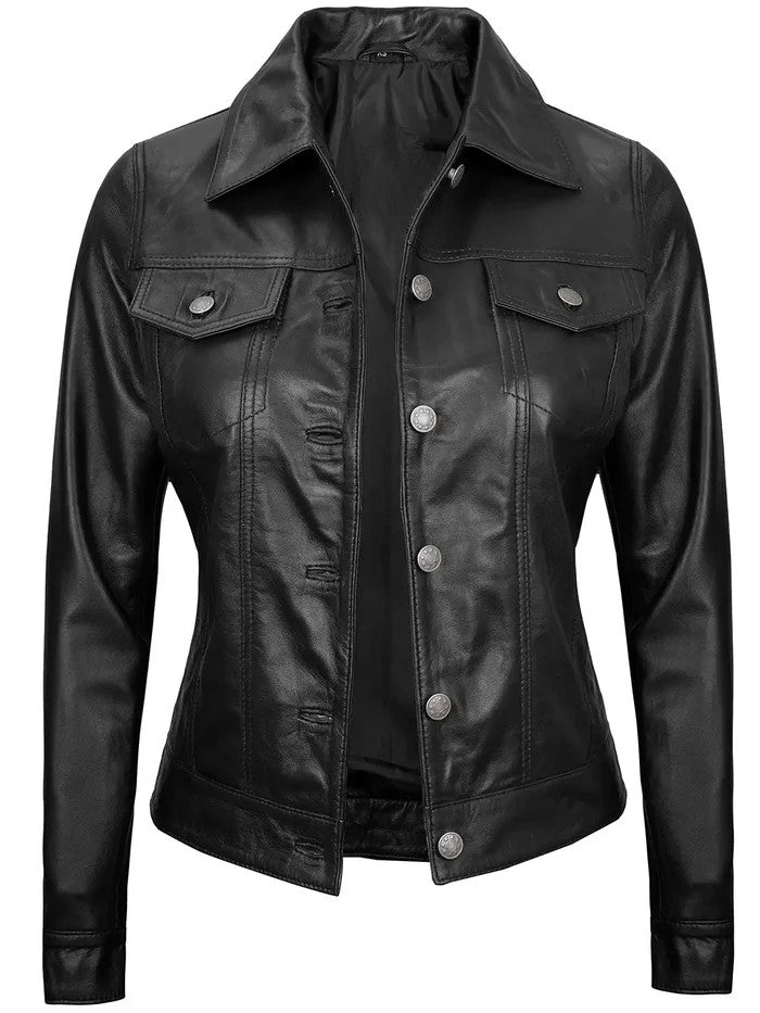 Women’s black trucker leather jacket front view – Livra Jackets