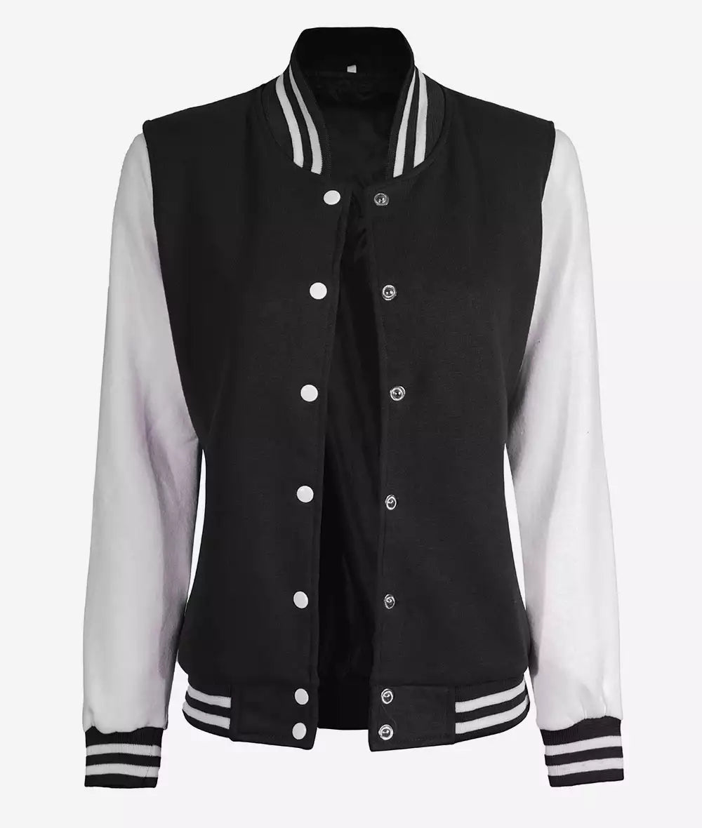 Women’s Black & White Varsity Jacket front view