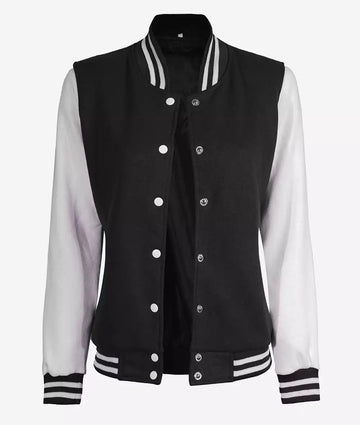 Women’s Black & White Varsity Jacket front view
