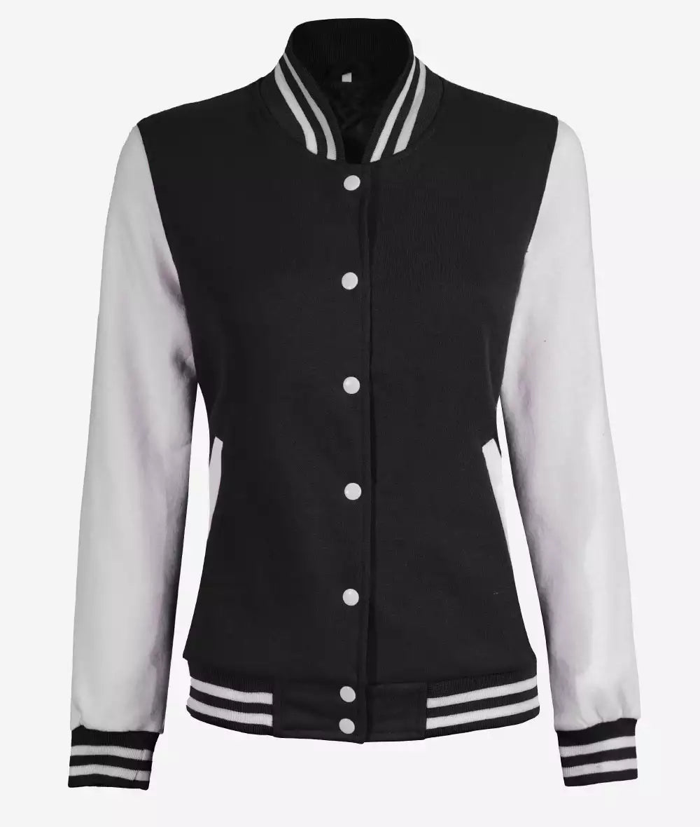 Women’s Black & White Varsity Jacket front view