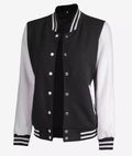 Classic black varsity jacket with white sleeves for women