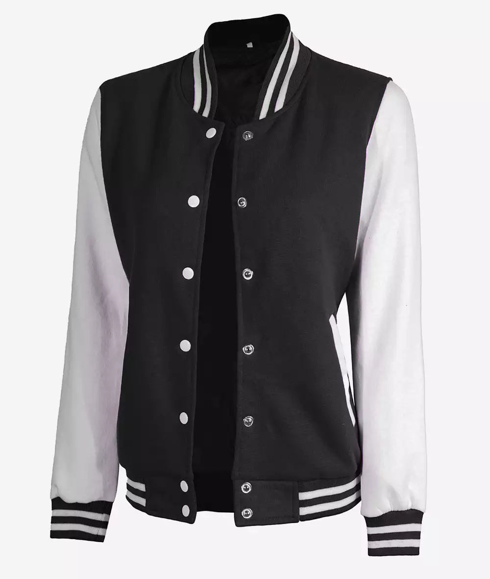 Classic black varsity jacket with white sleeves for women