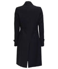 Back view of women’s long black wool blazer coat with back vent