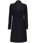 Front view of women’s black wool blazer coat with peak lapels and double-breasted closure