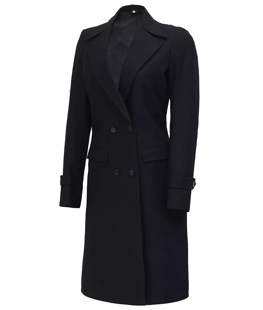 Women’s black wool long blazer coat – tailored winter jacket with flap pockets