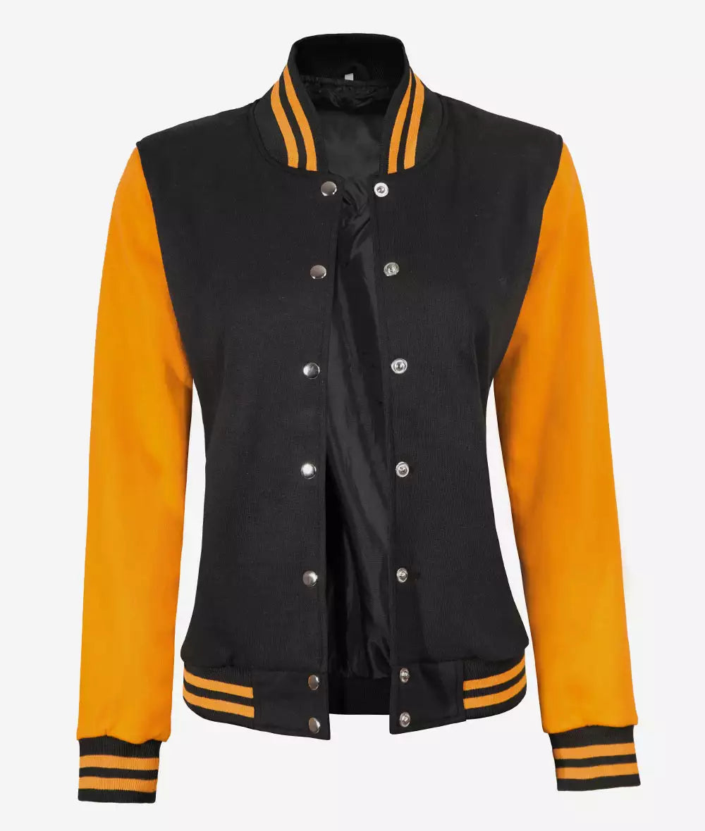 Women’s Black & Yellow Varsity Letterman Jacket – Front Open