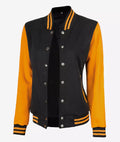 Women’s Black Varsity Letterman Jacket with Yellow Sleeves – Side Angle