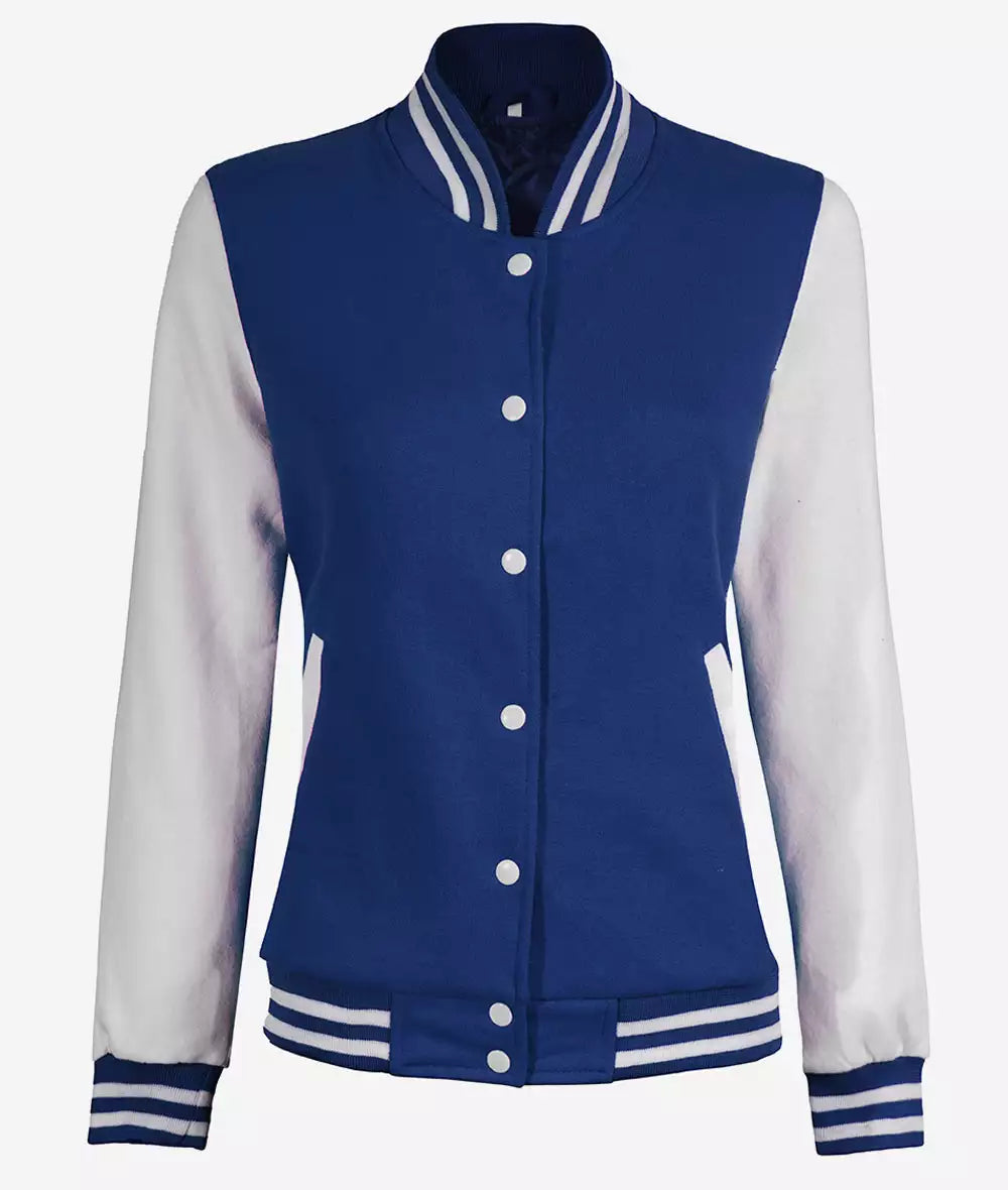 Women’s Blue Varsity Letterman Jacket – Front Closed View