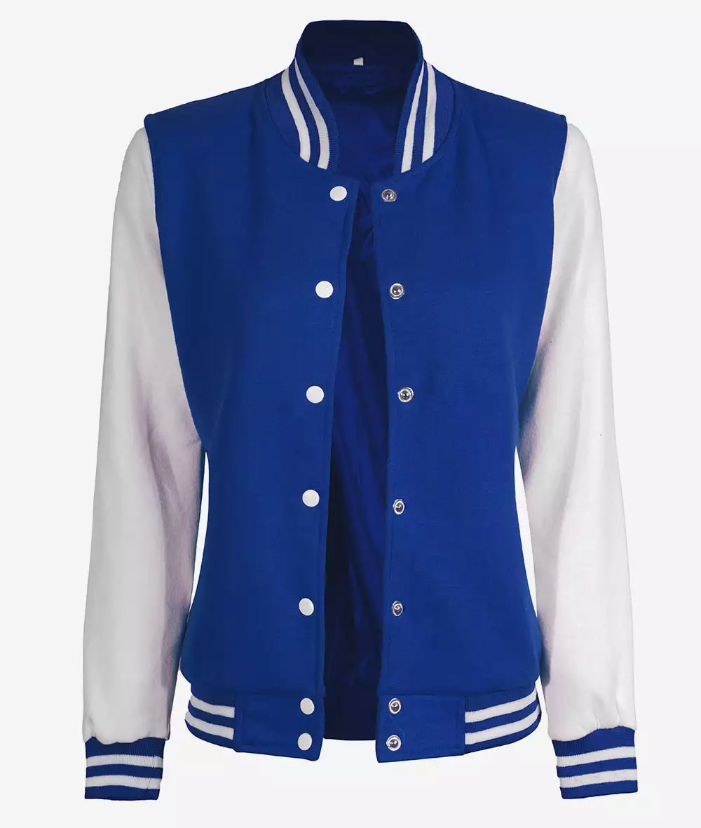 Women’s Blue & White Varsity Jacket – Front Open View