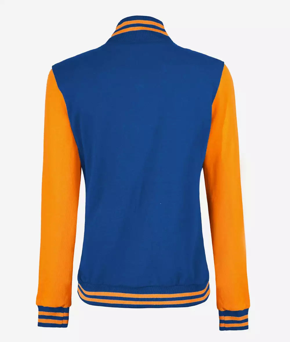 Women’s Blue Varsity Jacket with Yellow Sleeves – Front Open