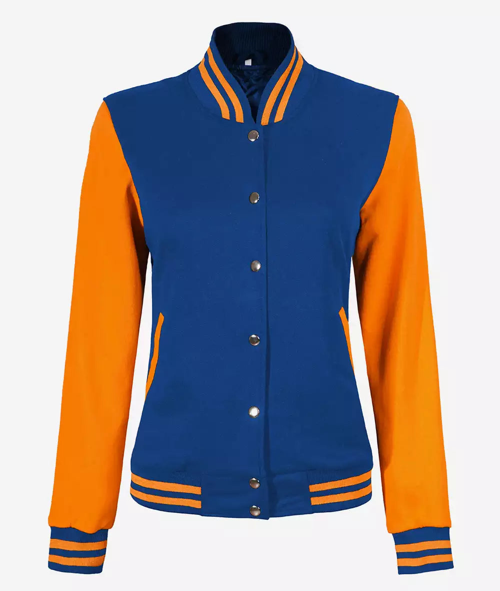 Women’s Blue & Yellow Letterman Jacket – Front Closed