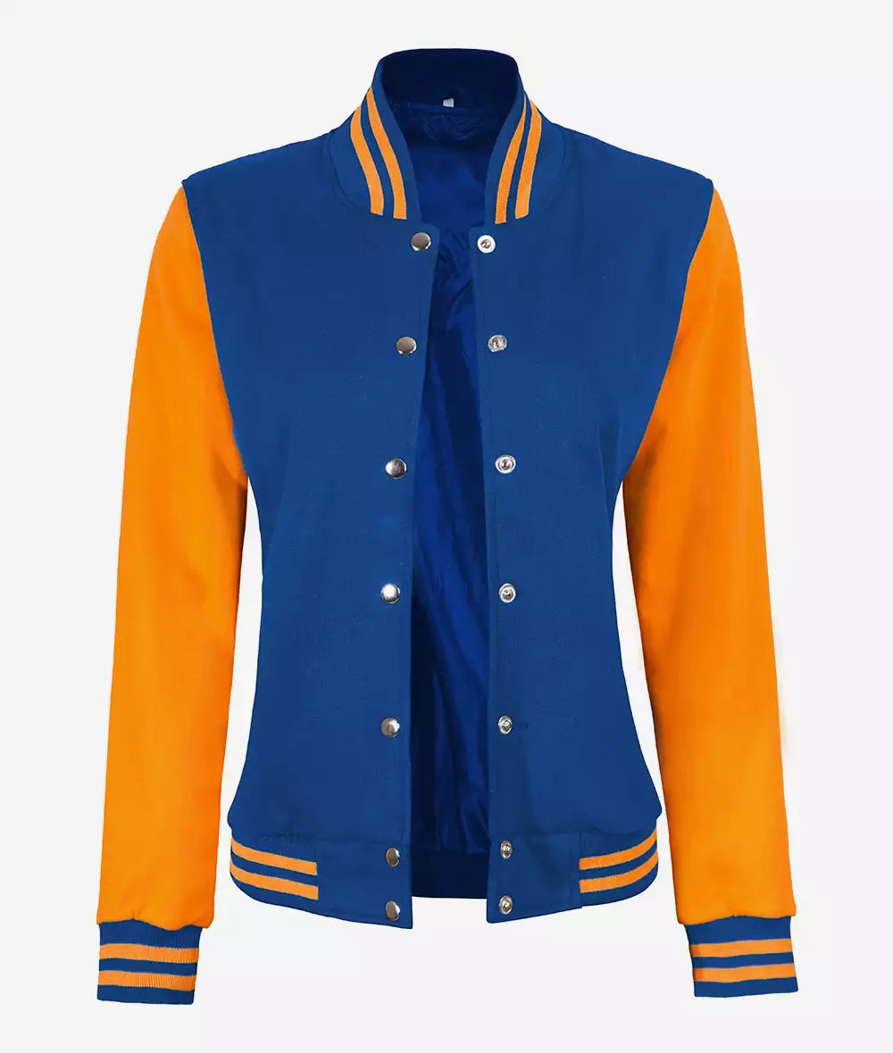 Women’s Blue Varsity Jacket with Yellow Sleeves – Front Open