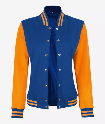 Women’s Blue Varsity Jacket with Yellow Sleeves – Front Open