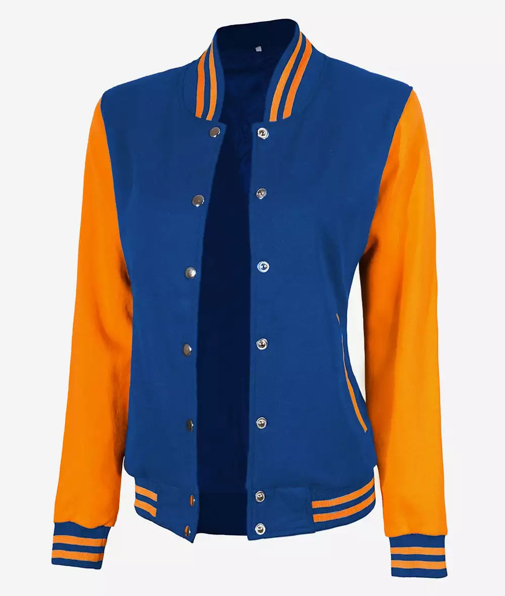 Women’s Blue & Yellow Varsity Jacket – Side Open View