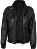 Women’s Bomber Black Leather Jacket with Removable Hood – Front View