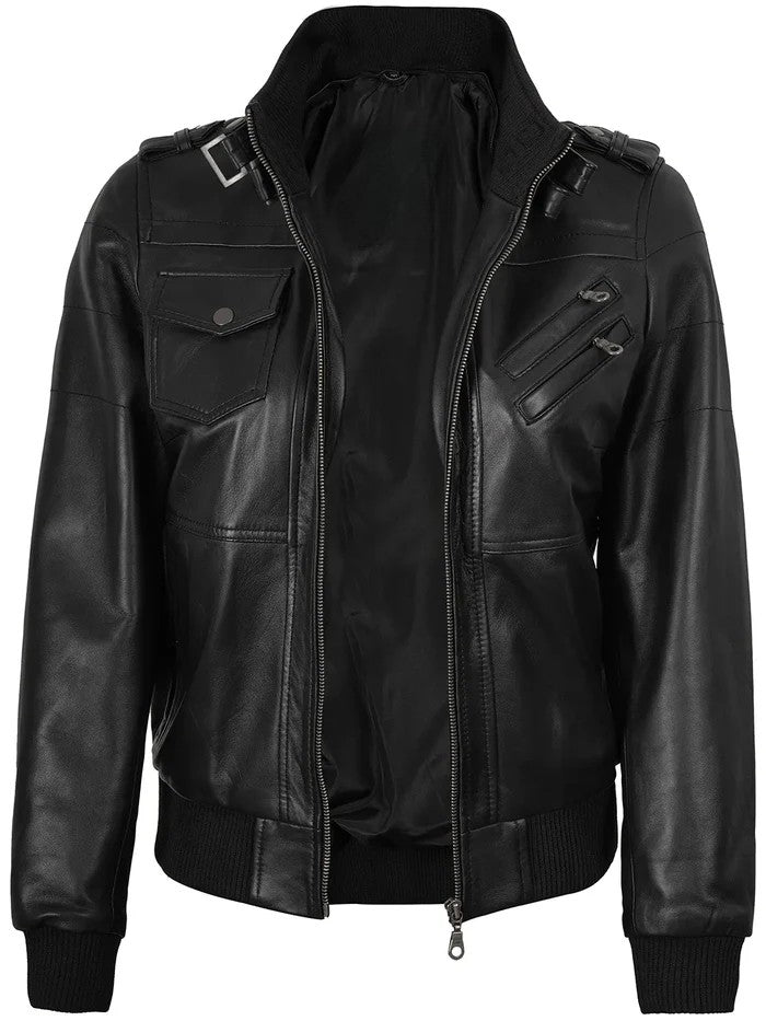 Women’s Bomber Black Leather Jacket with Removable Hood – Front View
