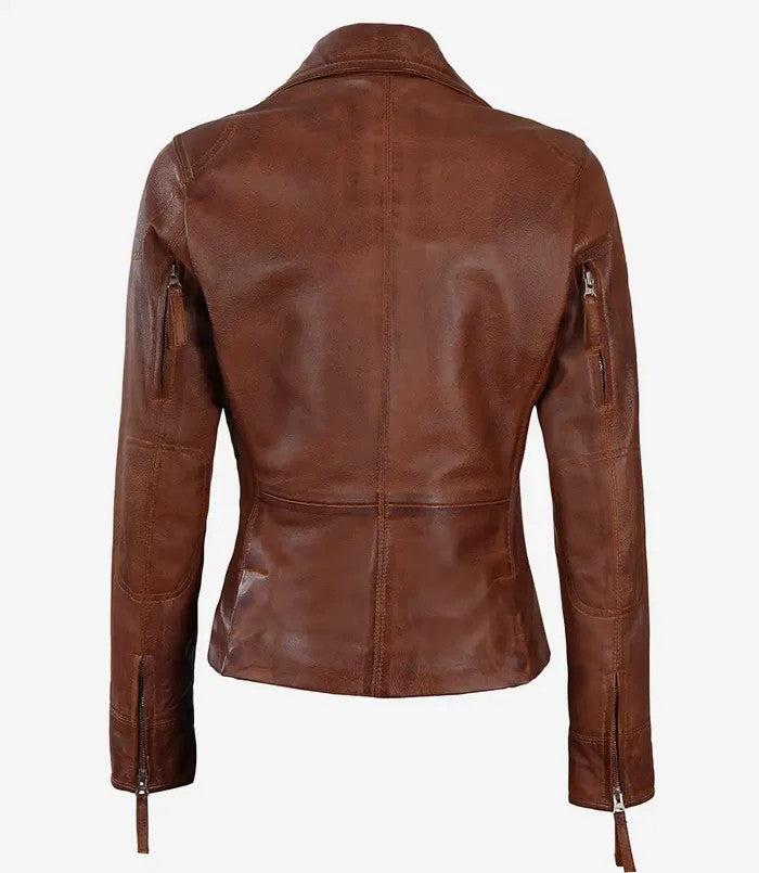 Women’s brown asymmetrical biker leather jacket front view