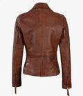 Back view of women’s brown asymmetrical leather jacket