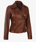 Women’s brown asymmetrical biker leather jacket front view