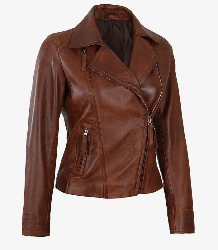 Women’s brown asymmetrical biker leather jacket front view
