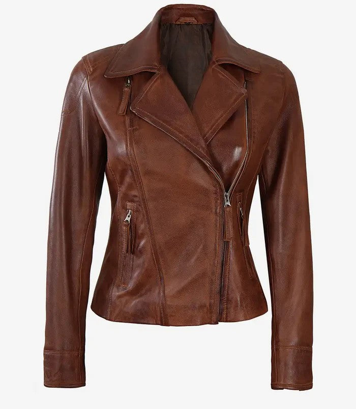 Women’s brown asymmetrical biker leather jacket front view