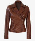 Women’s brown asymmetrical biker leather jacket front view