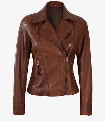 Women’s brown asymmetrical biker leather jacket front view