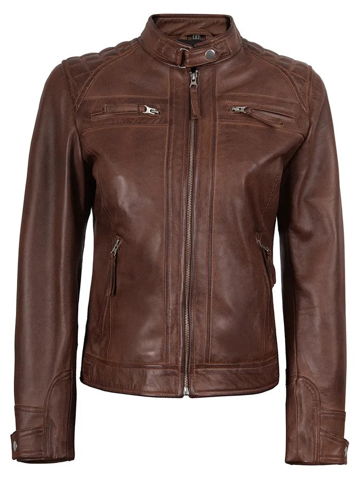Women’s Brown Biker Leather Jacket Front View.