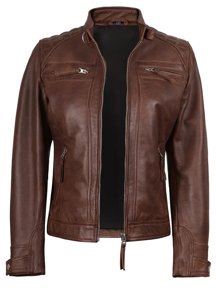 Women’s Brown Biker Leather Jacket Front View
