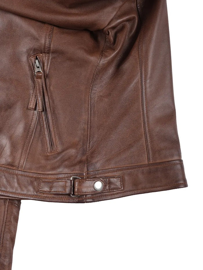 Close-up of Women’s Brown Biker Jacket Zipper Pocket