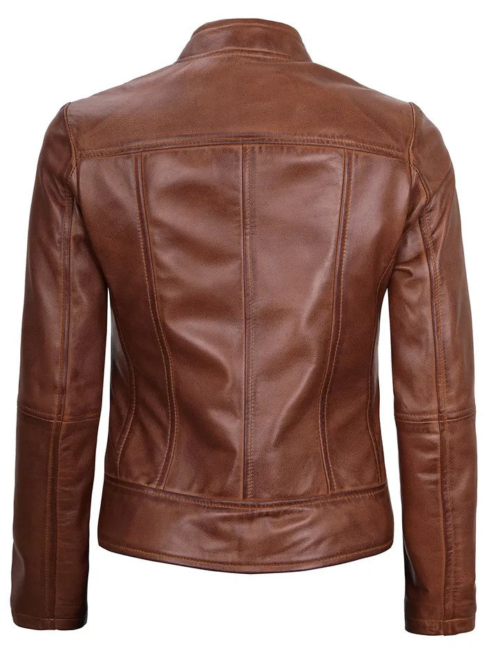 Amy Women’s Brown Leather Jacket with Zipper Open