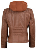 Back View of Women’s Brown Leather Jacket with Quilted Detailing