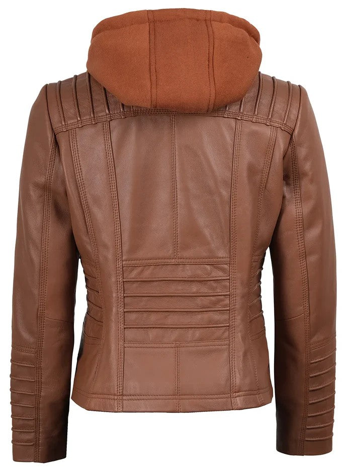 Back View of Women’s Brown Leather Jacket with Quilted Detailing
