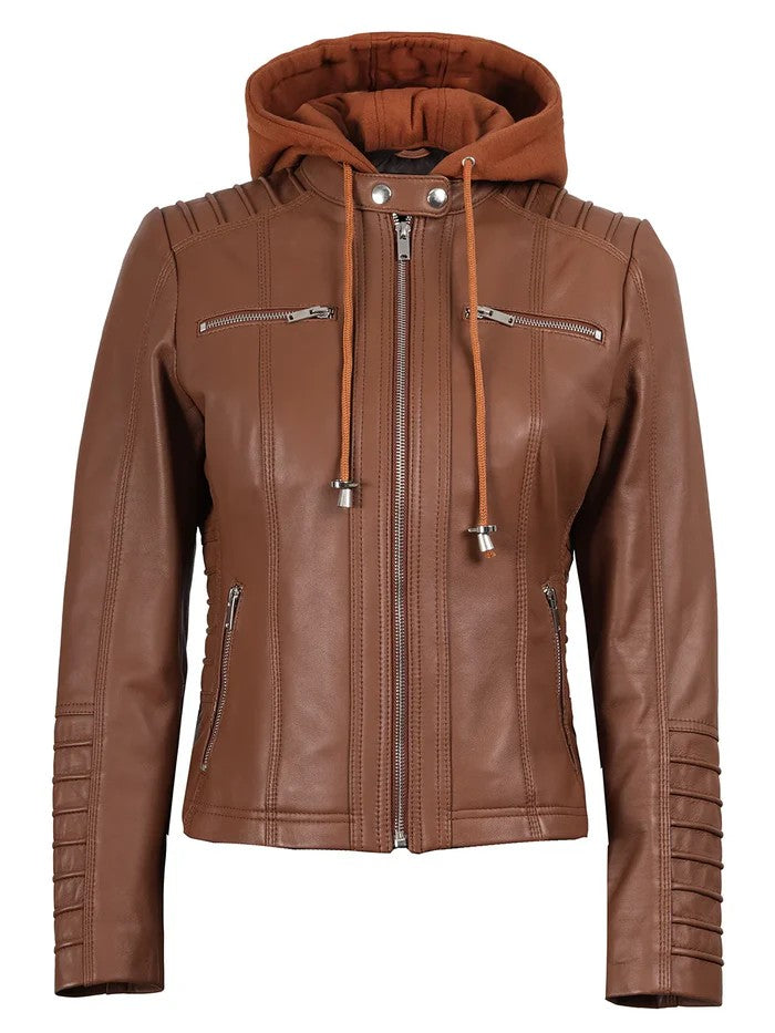 Women’s Brown Leather Jacket with Hood Front View