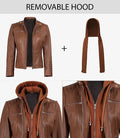 Brown Leather Jacket with Removable Hood Open Style