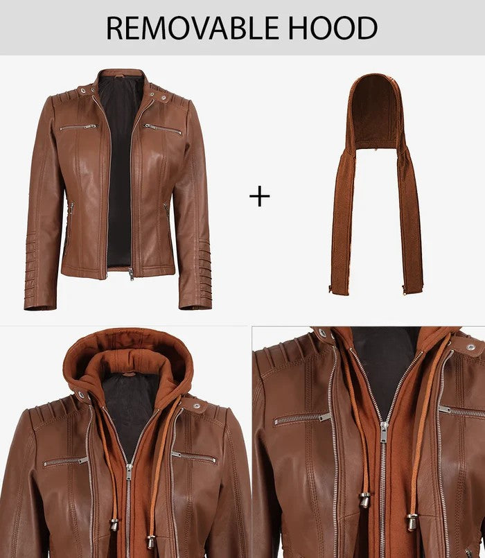 Brown Leather Jacket with Removable Hood Open Style