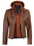Brown Leather Jacket with Removable Hood Open Style