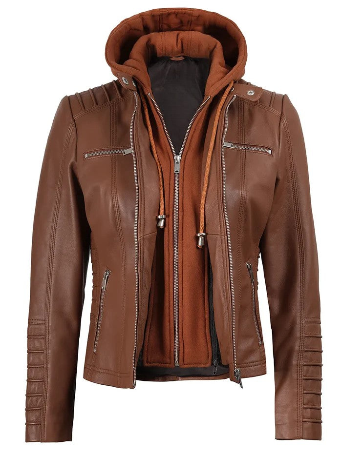 Brown Leather Jacket with Removable Hood Open Style