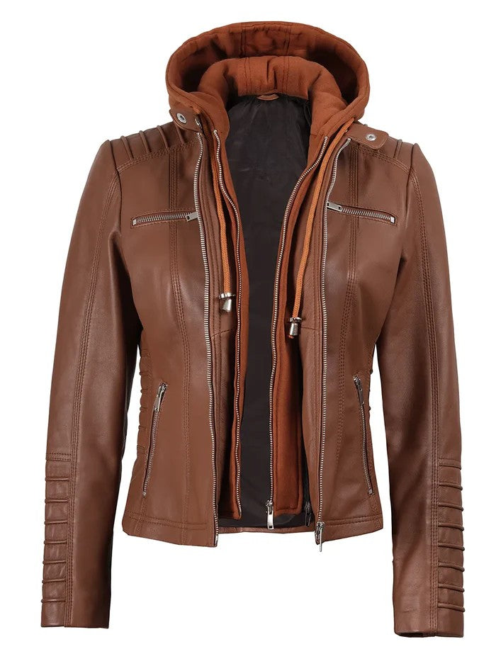 Brown Leather Jacket with Removable Hood Open Style