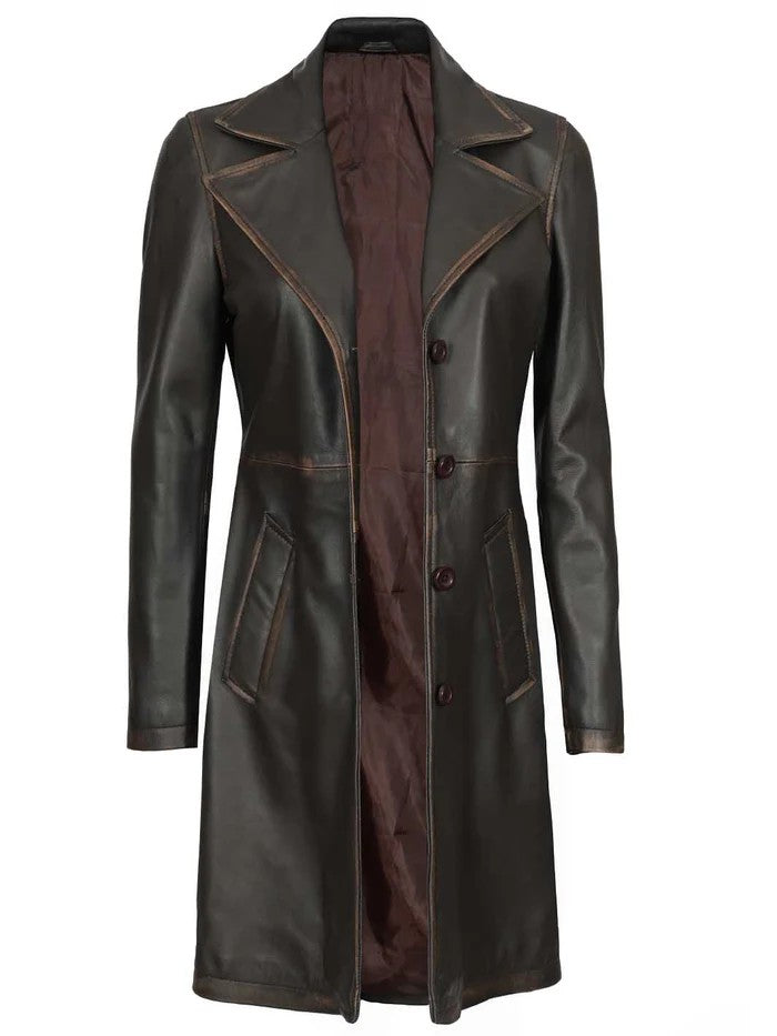 Women’s Brown Rub-Off Leather Car Coat Front View